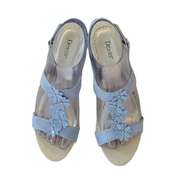 Dexter Lotus Blue Floral T-Strap  Slingback Wedge Sandal Size 6.5 - Picture 2 of 9
